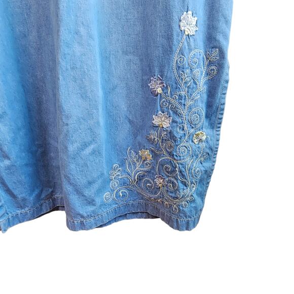 🦃Vintage Monique Fashions Chambray Denim Maxi Dress Floral Embroidered Size 10 - Picture 6 of 9